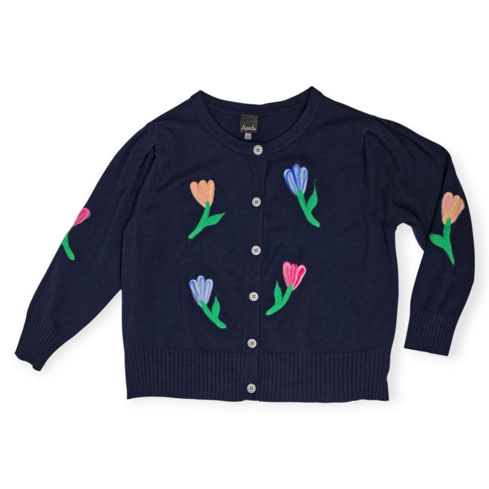 Aeda Floral Embroidered Cardigan Navy Blue Lightweight Knit Size L
